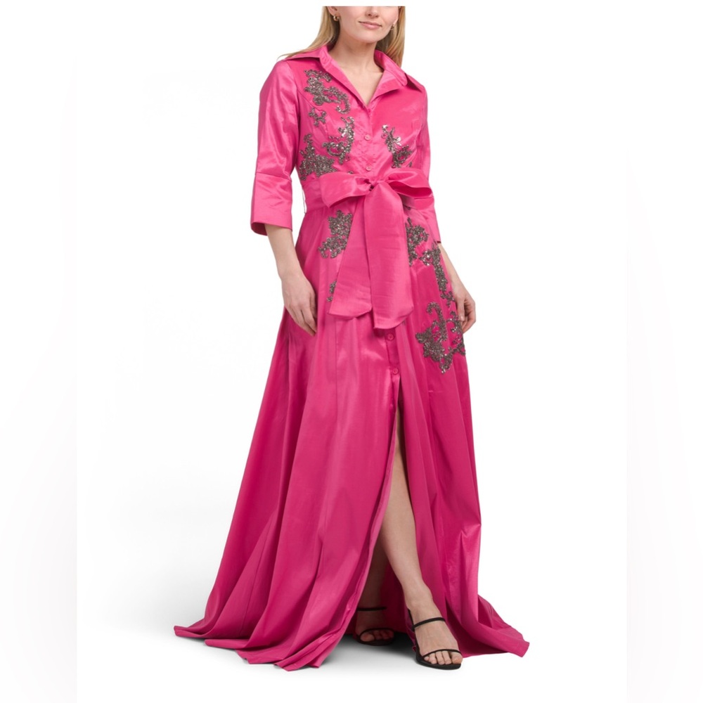 RENE RUIZ Collection Three-Quarter Sleeve Taffeta Shirt Gown With Beaded Detail